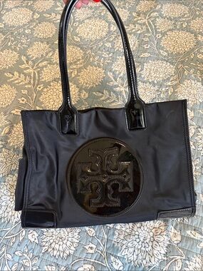 Tory Burch Black Nylon Tote with Patent Logo